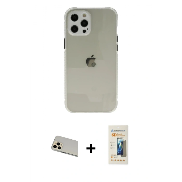 MARSİLYAN™- iPhone 12 Pro Kılıf Nova Asil Özel Seri - Siyah 6D Mat Seramik Hayalet Nano Ekran Koruyucu + Rainbow Kamera Lens Koruma Cam - GD
