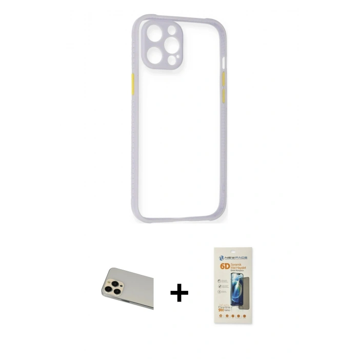 MARSİLYAN™- iPhone 12 Pro Kılıf Nova Asil Özel Seri - Siyah 6D Mat Seramik Hayalet Nano Ekran Koruyucu + Rainbow Kamera Lens Koruma Cam - GD