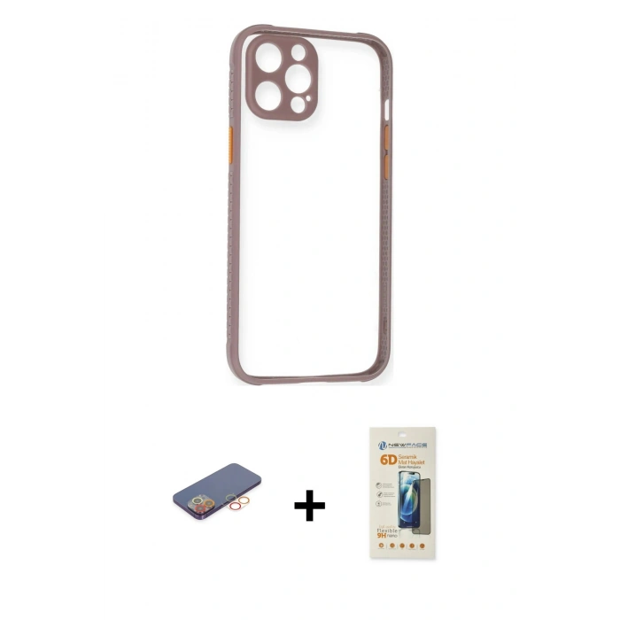 MARSİLYAN™- iPhone 12 Pro Kılıf Nova Asil Özel Seri - Siyah 6D Mat Seramik Hayalet Nano Ekran Koruyucu + Renkli Kamera Lens Koruma Cam - TU