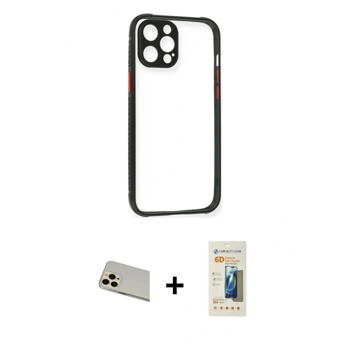 MARSİLYAN™- iPhone 12 Pro Kılıf Nova Asil Özel Seri - Siyah 6D Mat Seramik Hayalet Nano Ekran Koruyucu + Rainbow Kamera Lens Koruma Cam - GD