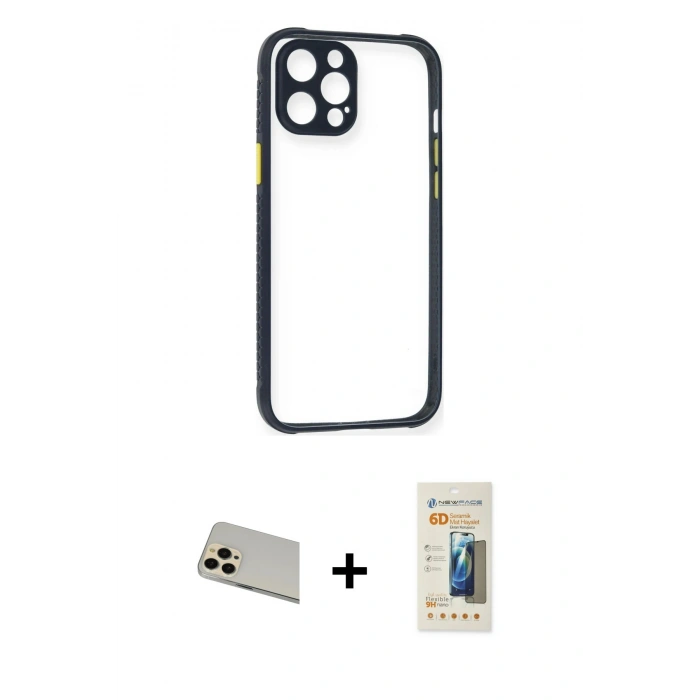 MARSİLYAN™- iPhone 12 Pro Kılıf Nova Asil Özel Seri - Siyah 6D Mat Seramik Hayalet Nano Ekran Koruyucu + Rainbow Kamera Lens Koruma Cam - GD