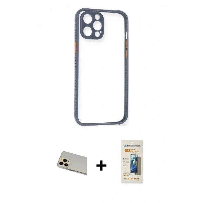 MARSİLYAN™- iPhone 12 Pro Kılıf Nova Asil Özel Seri - Siyah 6D Mat Seramik Hayalet Nano Ekran Koruyucu + Rainbow Kamera Lens Koruma Cam - GD