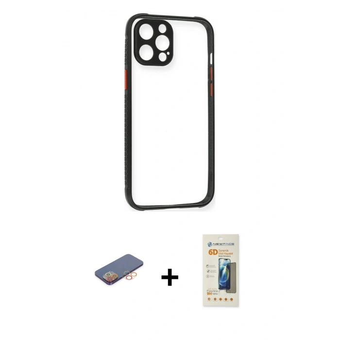 MARSİLYAN™- iPhone 12 Pro Kılıf Nova Asil Özel Seri - Siyah 6D Mat Seramik Hayalet Nano Ekran Koruyucu + Renkli Kamera Lens Koruma Cam - TU