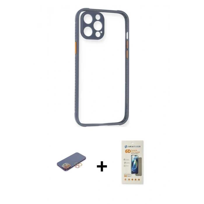 MARSİLYAN™- iPhone 12 Pro Kılıf Nova Asil Özel Seri - Siyah 6D Mat Seramik Hayalet Nano Ekran Koruyucu + Renkli Kamera Lens Koruma Cam - TU