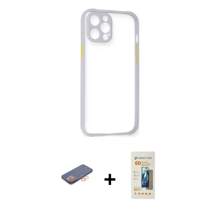MARSİLYAN™- iPhone 12 Pro Kılıf Nova Asil Özel Seri - Siyah 6D Mat Seramik Hayalet Nano Ekran Koruyucu + Renkli Kamera Lens Koruma Cam - TU