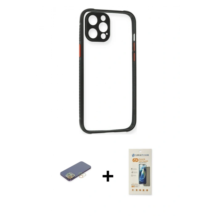 MARSİLYAN™- iPhone 12 Pro Kılıf Nova Asil Özel Seri - Siyah 6D Mat Seramik Hayalet Nano Ekran Koruyucu + Renkli Kamera Lens Koruma Cam - SI