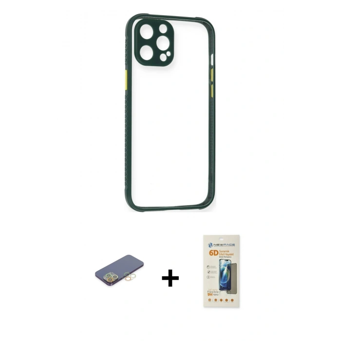MARSİLYAN™- iPhone 12 Pro Kılıf Nova Asil Özel Seri - Siyah 6D Mat Seramik Hayalet Nano Ekran Koruyucu + Renkli Kamera Lens Koruma Cam - SI