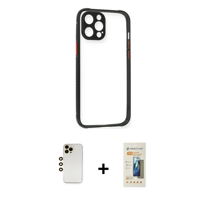 MARSİLYAN™- iPhone 12 Pro Kılıf Nova Asil Özel Seri - Siyah 6D Mat Seramik Hayalet Nano Ekran Koruyucu + Shine Kamera Lens - GD