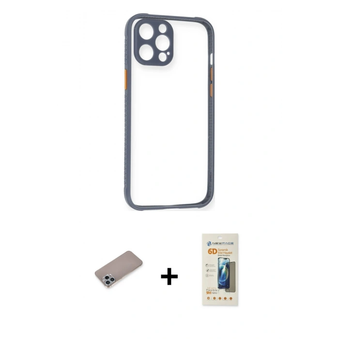 MARSİLYAN™- iPhone 12 Pro Kılıf Nova Asil Özel Seri - Siyah 6D Mat Seramik Hayalet Nano Ekran Koruyucu + Shine Kamera Lens Koruma Cam - SABE
