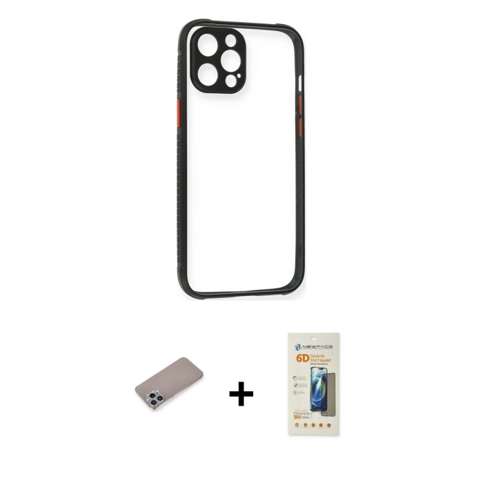 MARSİLYAN™- iPhone 12 Pro Kılıf Nova Asil Özel Seri - Siyah 6D Mat Seramik Hayalet Nano Ekran Koruyucu + Shine Kamera Lens Koruma Cam - SABE