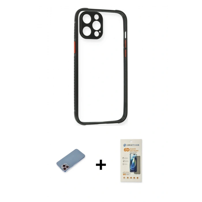 MARSİLYAN™- iPhone 12 Pro Kılıf Nova Asil Özel Seri - Siyah 6D Mat Seramik Hayalet Nano Ekran Koruyucu + Shine Kamera Lens Koruma Cam - PE