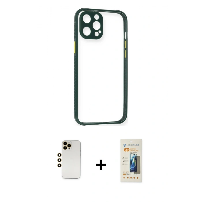 MARSİLYAN™- iPhone 12 Pro Kılıf Nova Asil Özel Seri - Siyah 6D Mat Seramik Hayalet Nano Ekran Koruyucu + Shine Kamera Lens - GD
