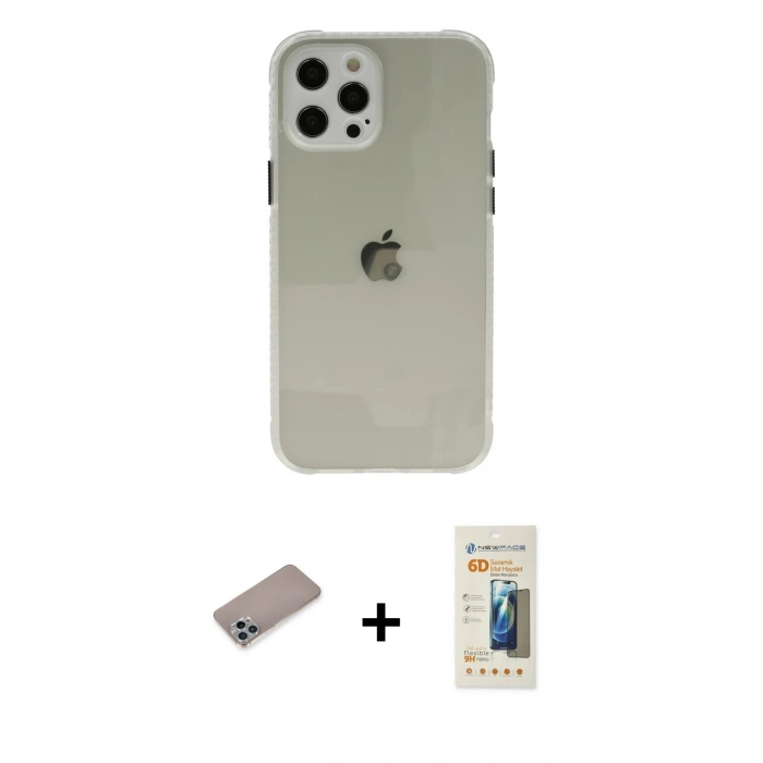 MARSİLYAN™- iPhone 12 Pro Kılıf Nova Asil Özel Seri - Siyah 6D Mat Seramik Hayalet Nano Ekran Koruyucu + Shine Kamera Lens Koruma Cam - SABE