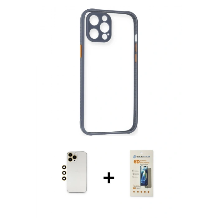 MARSİLYAN™- iPhone 12 Pro Kılıf Nova Asil Özel Seri - Siyah 6D Mat Seramik Hayalet Nano Ekran Koruyucu + Shine Kamera Lens - GD