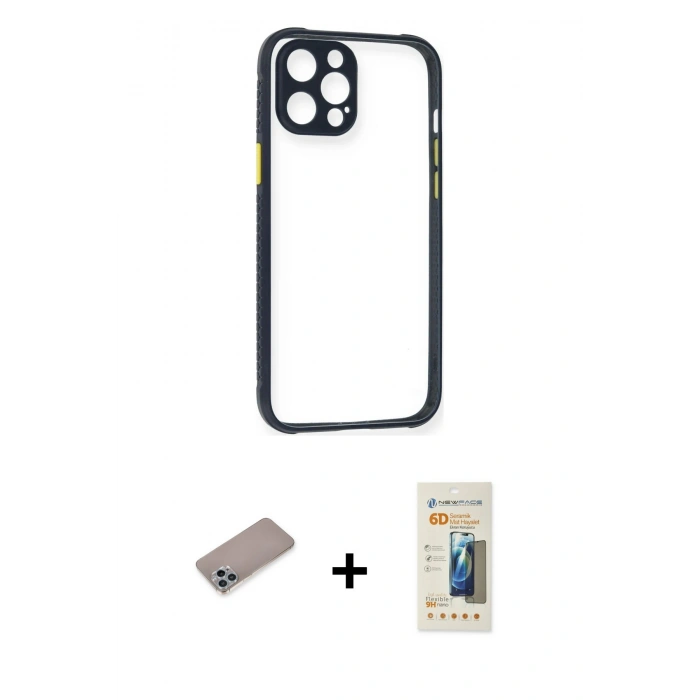 MARSİLYAN™- iPhone 12 Pro Kılıf Nova Asil Özel Seri - Siyah 6D Mat Seramik Hayalet Nano Ekran Koruyucu + Shine Kamera Lens Koruma Cam - SABE
