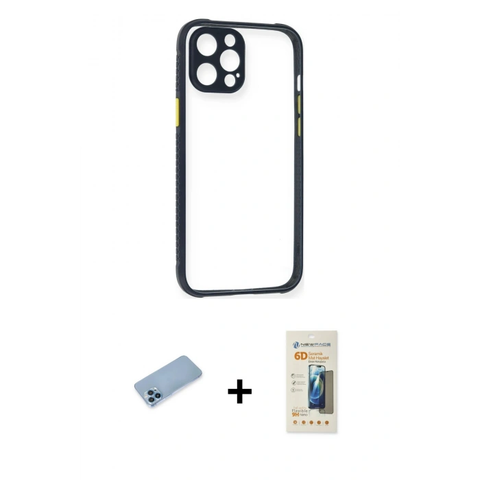MARSİLYAN™- iPhone 12 Pro Kılıf Nova Asil Özel Seri - Siyah 6D Mat Seramik Hayalet Nano Ekran Koruyucu + Shine Kamera Lens Koruma Cam - MI
