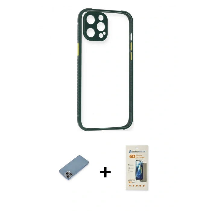 MARSİLYAN™- iPhone 12 Pro Kılıf Nova Asil Özel Seri - Siyah 6D Mat Seramik Hayalet Nano Ekran Koruyucu + Shine Kamera Lens Koruma Cam - GI