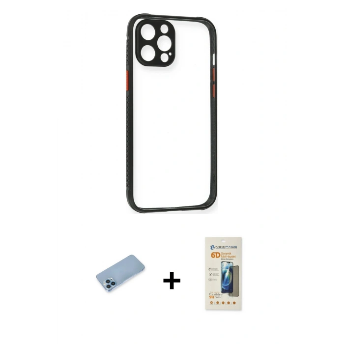 MARSİLYAN™- iPhone 12 Pro Kılıf Nova Asil Özel Seri - Siyah 6D Mat Seramik Hayalet Nano Ekran Koruyucu + Shine Kamera Lens Koruma Cam - MI