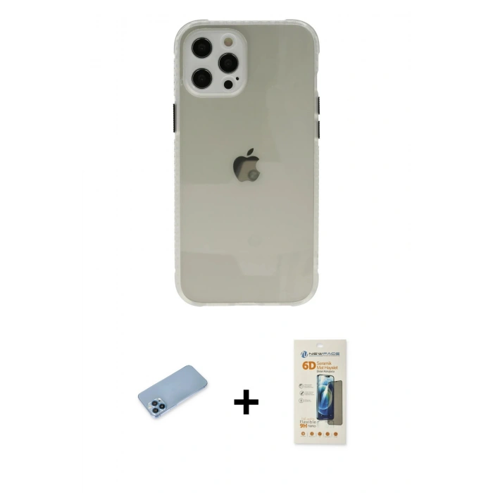 MARSİLYAN™- iPhone 12 Pro Kılıf Nova Asil Özel Seri - Siyah 6D Mat Seramik Hayalet Nano Ekran Koruyucu + Shine Kamera Lens Koruma Cam - MI