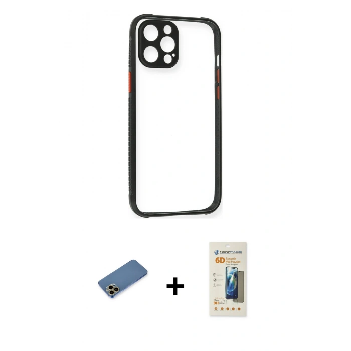 MARSİLYAN™- iPhone 12 Pro Kılıf Nova Asil Özel Seri - Siyah 6D Mat Seramik Hayalet Nano Ekran Koruyucu + Shine Kamera Lens Koruma Cam - GD