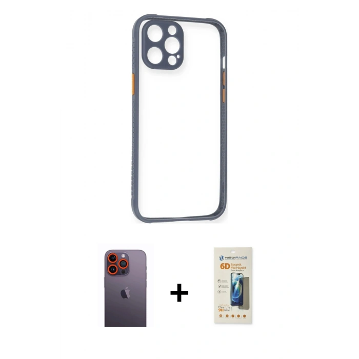 MARSİLYAN™- iPhone 12 Pro Kılıf Nova Asil Özel Seri - Siyah 6D Mat Seramik Hayalet Nano Ekran Koruyucu + Neon Fosforlu Kamera Lens - TU