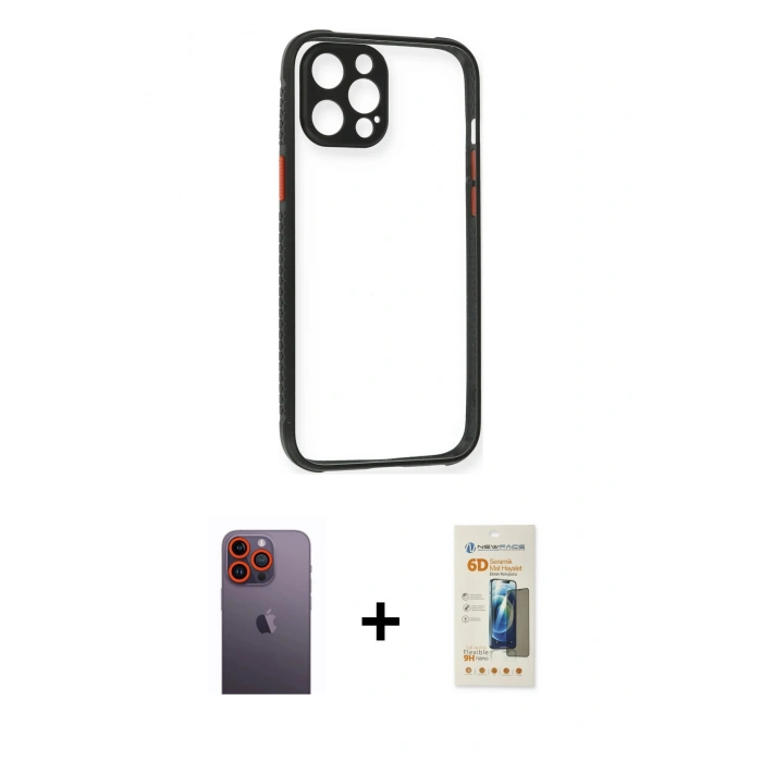 MARSİLYAN™- iPhone 12 Pro Kılıf Nova Asil Özel Seri - Siyah 6D Mat Seramik Hayalet Nano Ekran Koruyucu + Neon Fosforlu Kamera Lens - TU