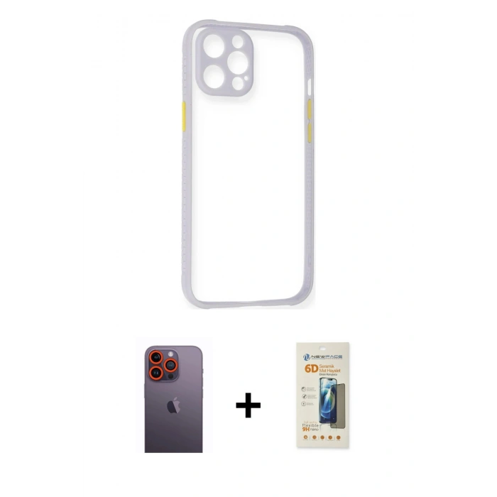 MARSİLYAN™- iPhone 12 Pro Kılıf Nova Asil Özel Seri - Siyah 6D Mat Seramik Hayalet Nano Ekran Koruyucu + Neon Fosforlu Kamera Lens - TU