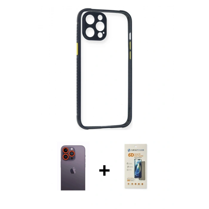 MARSİLYAN™- iPhone 12 Pro Kılıf Nova Asil Özel Seri - Siyah 6D Mat Seramik Hayalet Nano Ekran Koruyucu + Neon Fosforlu Kamera Lens - TU