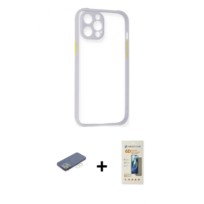MARSİLYAN™- iPhone 12 Pro Kılıf Nova Asil Özel Seri - Siyah 6D Mat Seramik Hayalet Nano Ekran Koruyucu + Yeşil Renkli Kamera Lens Koruma Cam