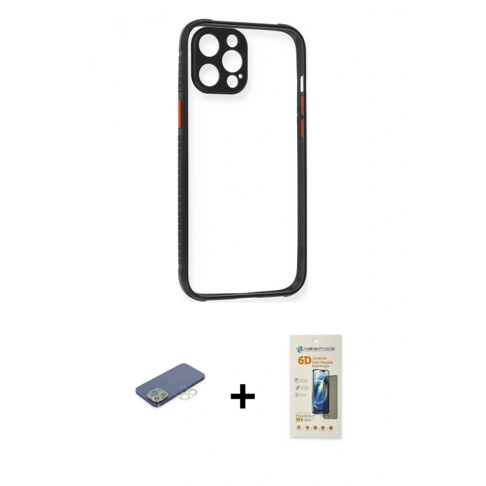 MARSİLYAN™- iPhone 12 Pro Kılıf Nova Asil Özel Seri - Siyah 6D Mat Seramik Hayalet Nano Ekran Koruyucu + Yeşil Renkli Kamera Lens Koruma Cam