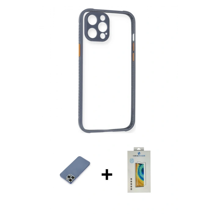 MARSİLYAN™- iPhone 12 Pro Kılıf Nova Asil Özel Seri - Siyah Polymer Nano Ekran Koruyucu + Metal Kamera Lens Koruma Cam - AKYL