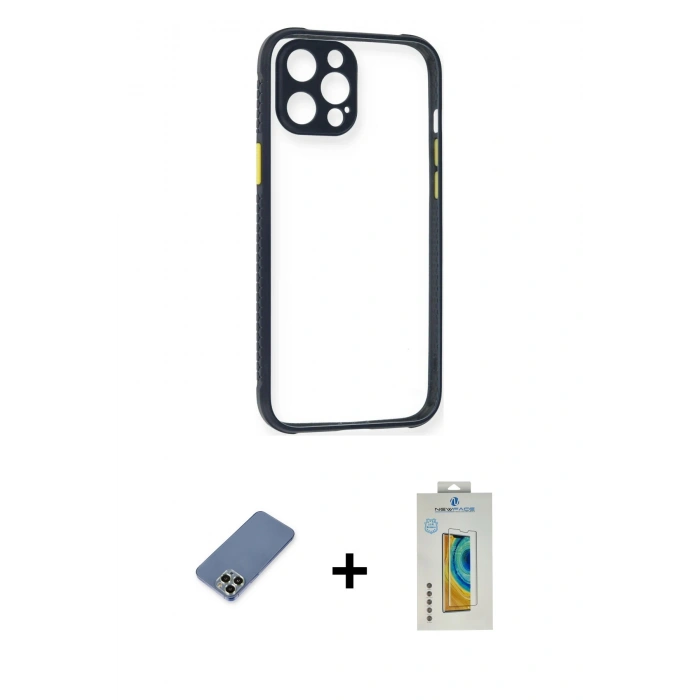 MARSİLYAN™- iPhone 12 Pro Kılıf Nova Asil Özel Seri - Siyah Polymer Nano Ekran Koruyucu + Metal Kamera Lens Koruma Cam - AKYL