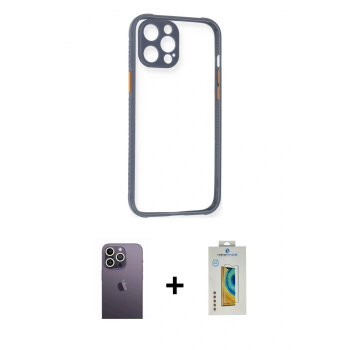 MARSİLYAN™- iPhone 12 Pro Kılıf Nova Asil Özel Seri - Siyah Polymer Nano Ekran Koruyucu + Neon Fosforlu Kamera Lens - BZ