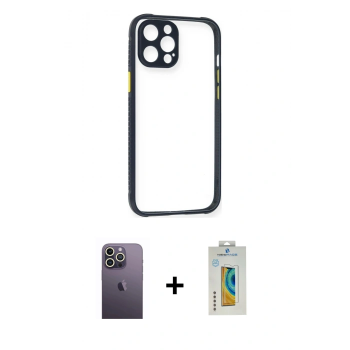 MARSİLYAN™- iPhone 12 Pro Kılıf Nova Asil Özel Seri - Siyah Polymer Nano Ekran Koruyucu + Neon Fosforlu Kamera Lens - BZ