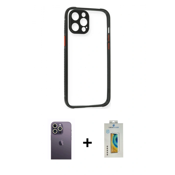 MARSİLYAN™- iPhone 12 Pro Kılıf Nova Asil Özel Seri - Siyah Polymer Nano Ekran Koruyucu + Neon Fosforlu Kamera Lens - BZ
