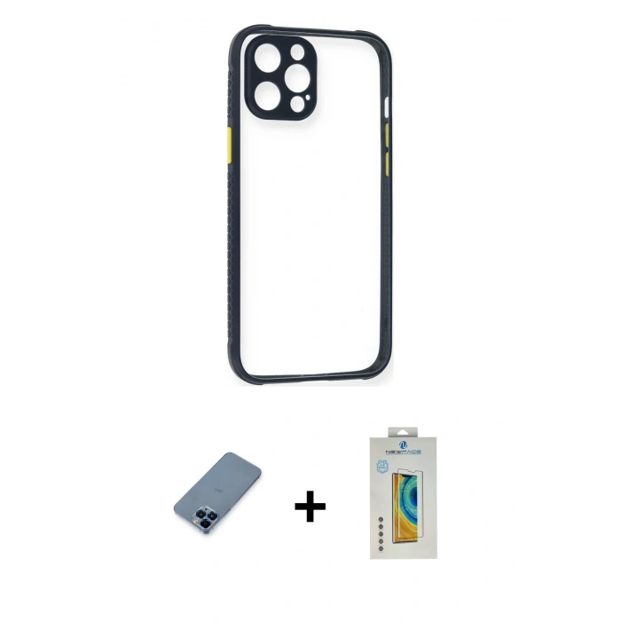 MARSİLYAN™- iPhone 12 Pro Kılıf Nova Asil Özel Seri - Siyah Polymer Nano Ekran Koruyucu + Metal Kamera Lens Koruma Cam - MI