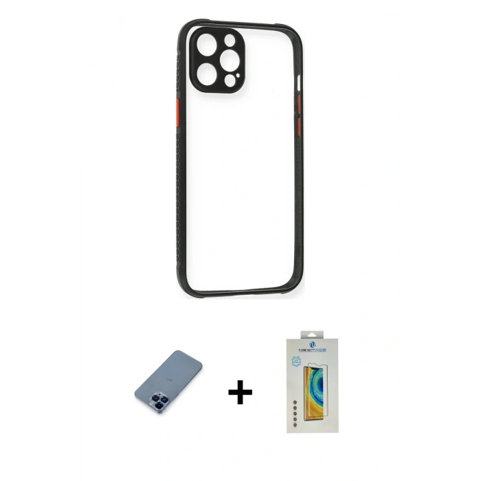 MARSİLYAN™- iPhone 12 Pro Kılıf Nova Asil Özel Seri - Siyah Polymer Nano Ekran Koruyucu + Metal Kamera Lens Koruma Cam - MI