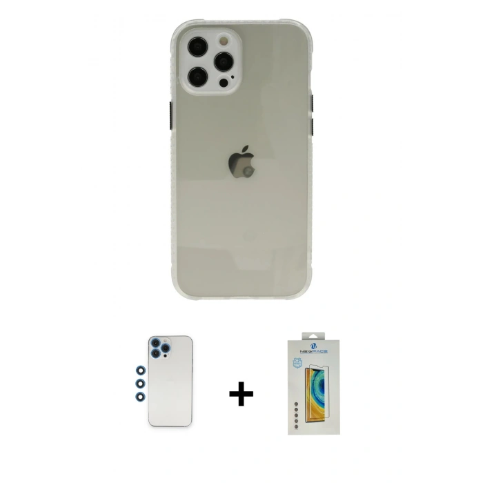 MARSİLYAN™- iPhone 12 Pro Kılıf Nova Asil Özel Seri - Siyah Polymer Nano Ekran Koruyucu + Mavi Shine Kamera Lens