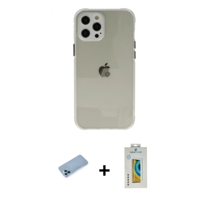 MARSİLYAN™- iPhone 12 Pro Kılıf Nova Asil Özel Seri - Siyah Polymer Nano Ekran Koruyucu + Mavi Shine Kamera Lens Koruma Cam