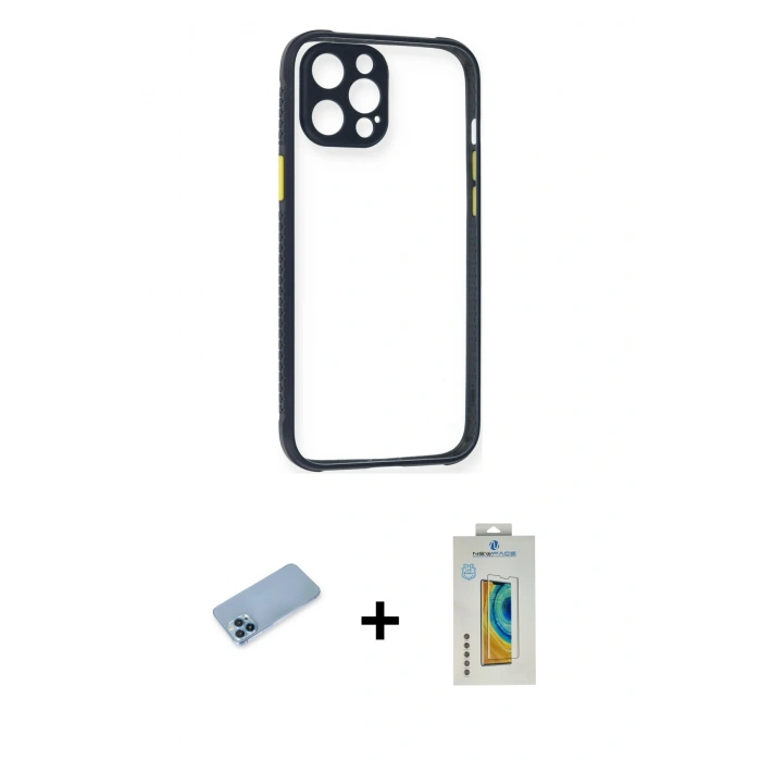 MARSİLYAN™- iPhone 12 Pro Kılıf Nova Asil Özel Seri - Siyah Polymer Nano Ekran Koruyucu + Mavi Shine Kamera Lens Koruma Cam