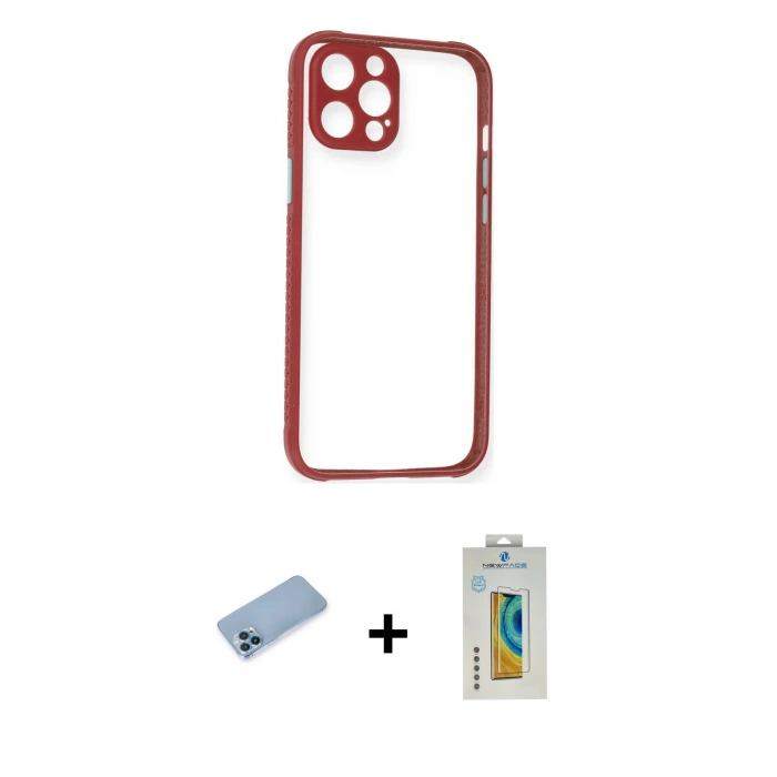 MARSİLYAN™- iPhone 12 Pro Kılıf Nova Asil Özel Seri - Siyah Polymer Nano Ekran Koruyucu + Mavi Shine Kamera Lens Koruma Cam