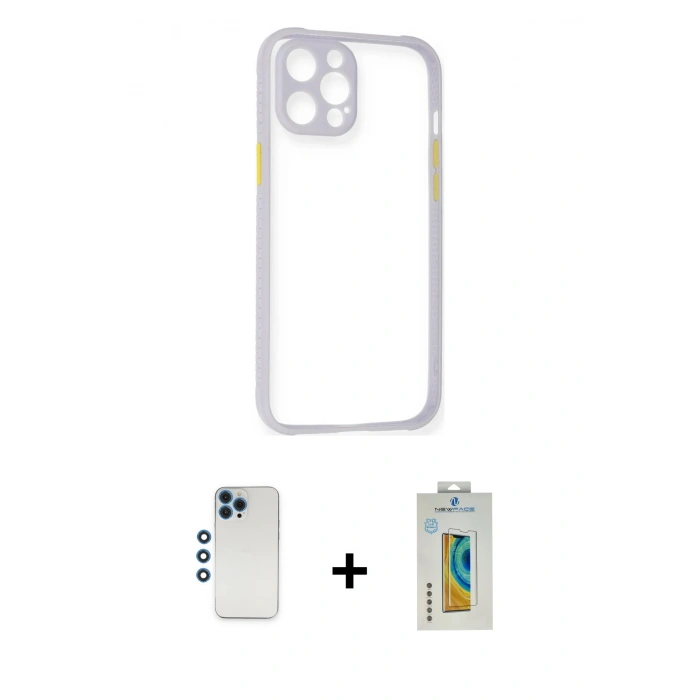 MARSİLYAN™- iPhone 12 Pro Kılıf Nova Asil Özel Seri - Siyah Polymer Nano Ekran Koruyucu + Mavi Shine Kamera Lens