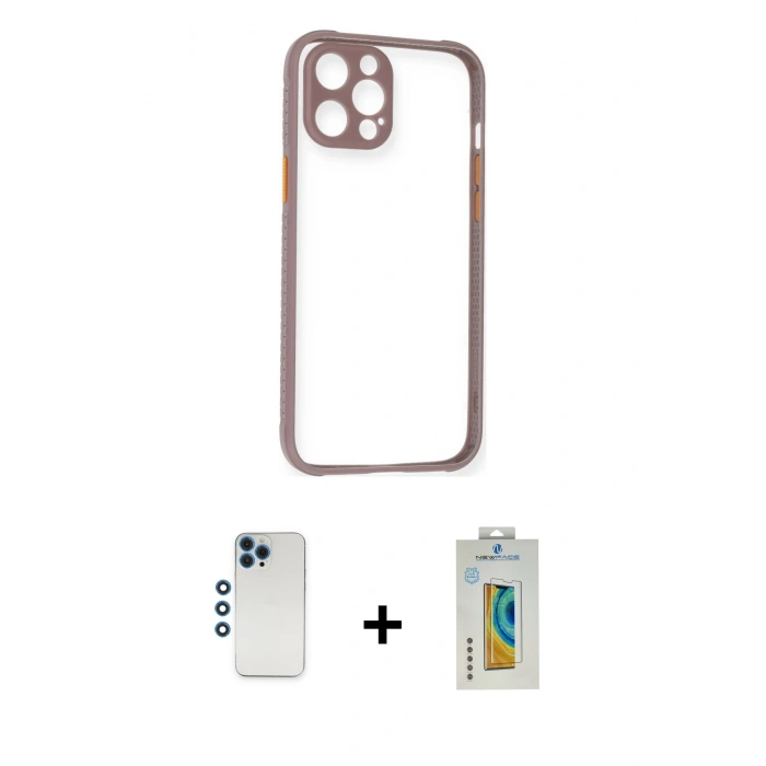 MARSİLYAN™- iPhone 12 Pro Kılıf Nova Asil Özel Seri - Siyah Polymer Nano Ekran Koruyucu + Mavi Shine Kamera Lens