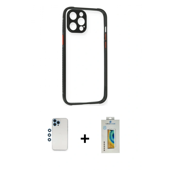 MARSİLYAN™- iPhone 12 Pro Kılıf Nova Asil Özel Seri - Siyah Polymer Nano Ekran Koruyucu + Mavi Shine Kamera Lens