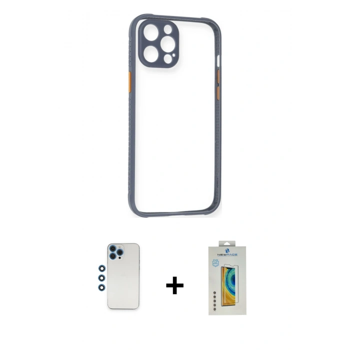 MARSİLYAN™- iPhone 12 Pro Kılıf Nova Asil Özel Seri - Siyah Polymer Nano Ekran Koruyucu + Mavi Shine Kamera Lens
