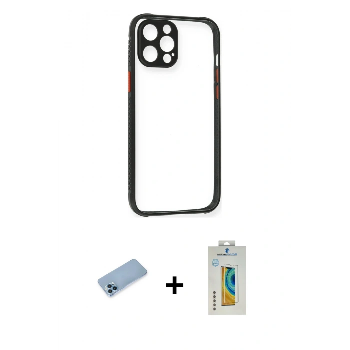 MARSİLYAN™- iPhone 12 Pro Kılıf Nova Asil Özel Seri - Siyah Polymer Nano Ekran Koruyucu + Mavi Shine Kamera Lens Koruma Cam