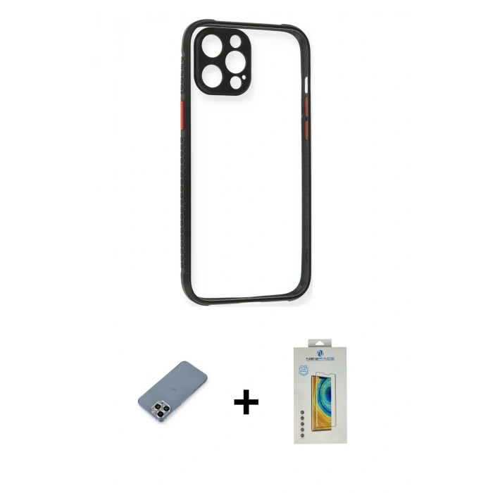 MARSİLYAN™- iPhone 12 Pro Kılıf Nova Asil Özel Seri - Siyah Polymer Nano Ekran Koruyucu + Metal Kamera Lens Koruma Cam - GS