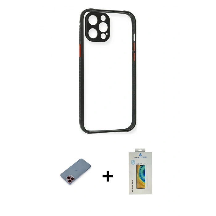 MARSİLYAN™- iPhone 12 Pro Kılıf Nova Asil Özel Seri - Siyah Polymer Nano Ekran Koruyucu + Metal Kamera Lens Koruma Cam - KI