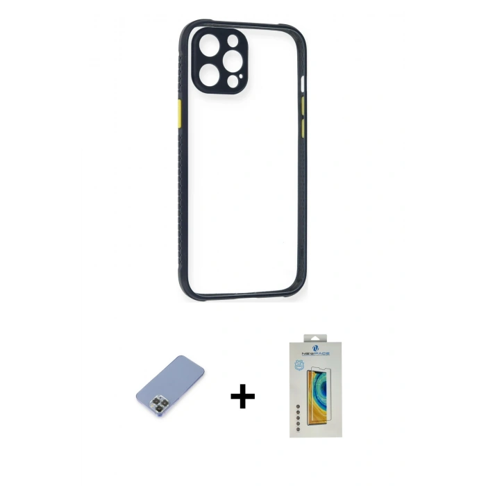 MARSİLYAN™- iPhone 12 Pro Kılıf Nova Asil Özel Seri - Siyah Polymer Nano Ekran Koruyucu + Metal Kamera Lens Koruma Cam - KUYL
