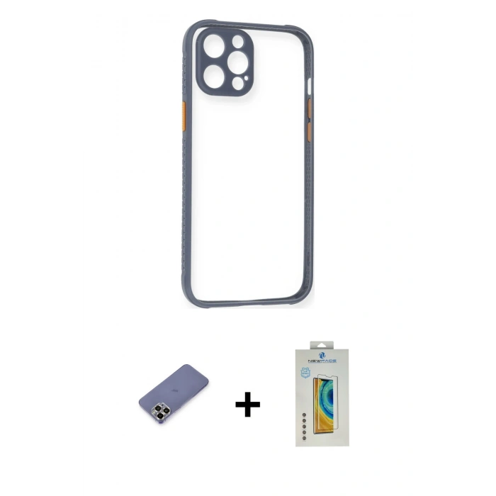 MARSİLYAN™- iPhone 12 Pro Kılıf Nova Asil Özel Seri - Siyah Polymer Nano Ekran Koruyucu + Metal Kamera Lens Koruma Cam - GD